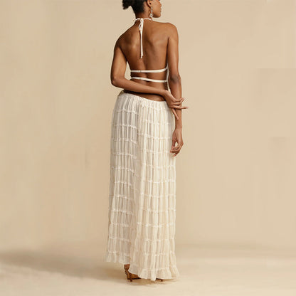 2pcs Women's Dress Suit Sexy Sleeveless Backless Cropped Halter Top And Pleated Long Skirt Beach Clothing